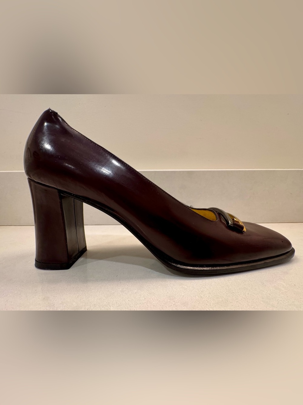 Vintage Fendi Burgundy Leather Block Heel Pump with Gold/Silver Buckle, Size 8.5